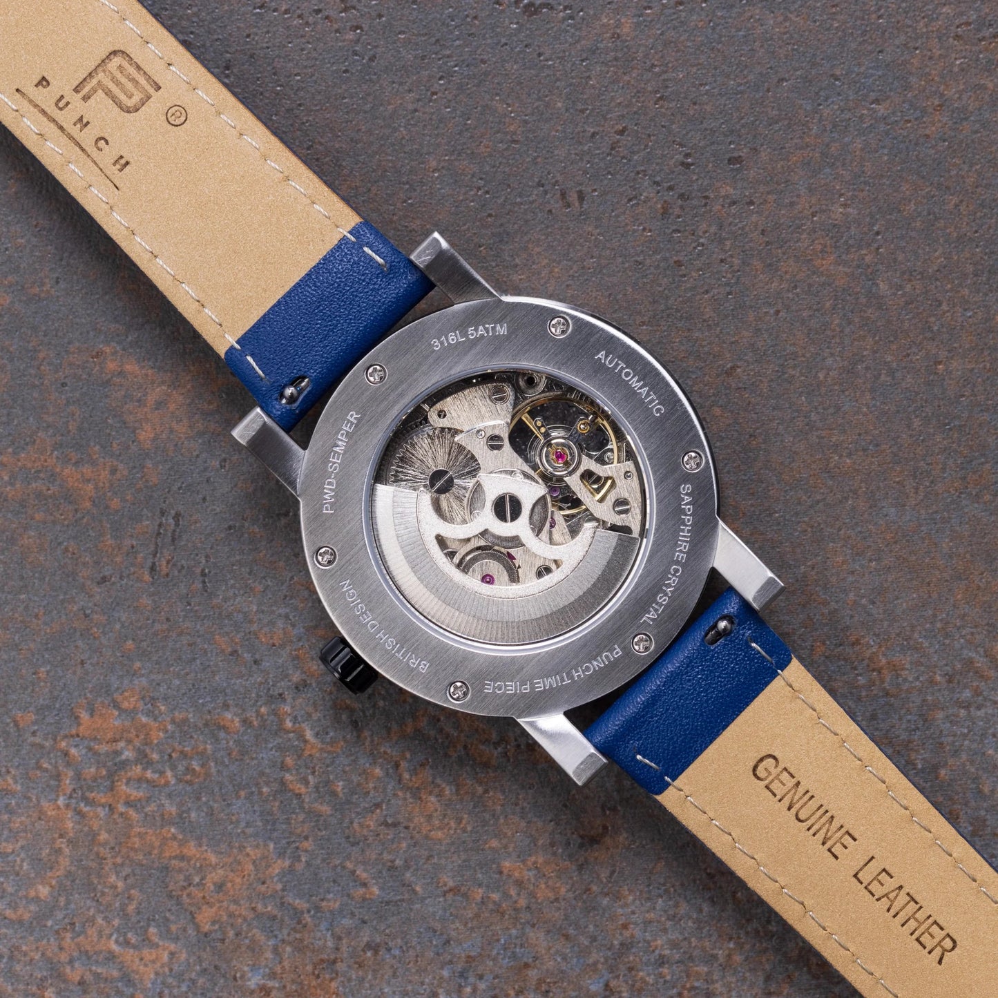Mens Black Automatic Watch - Blue Leather Strap l PUNCH