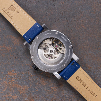 Mens Black Automatic Watch - Blue Leather Strap l PUNCH