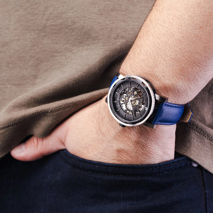 Mens Black Automatic Watch - Blue Leather Strap l PUNCH