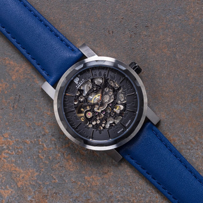 Mens Black Automatic Watch - Blue Leather Strap l PUNCH