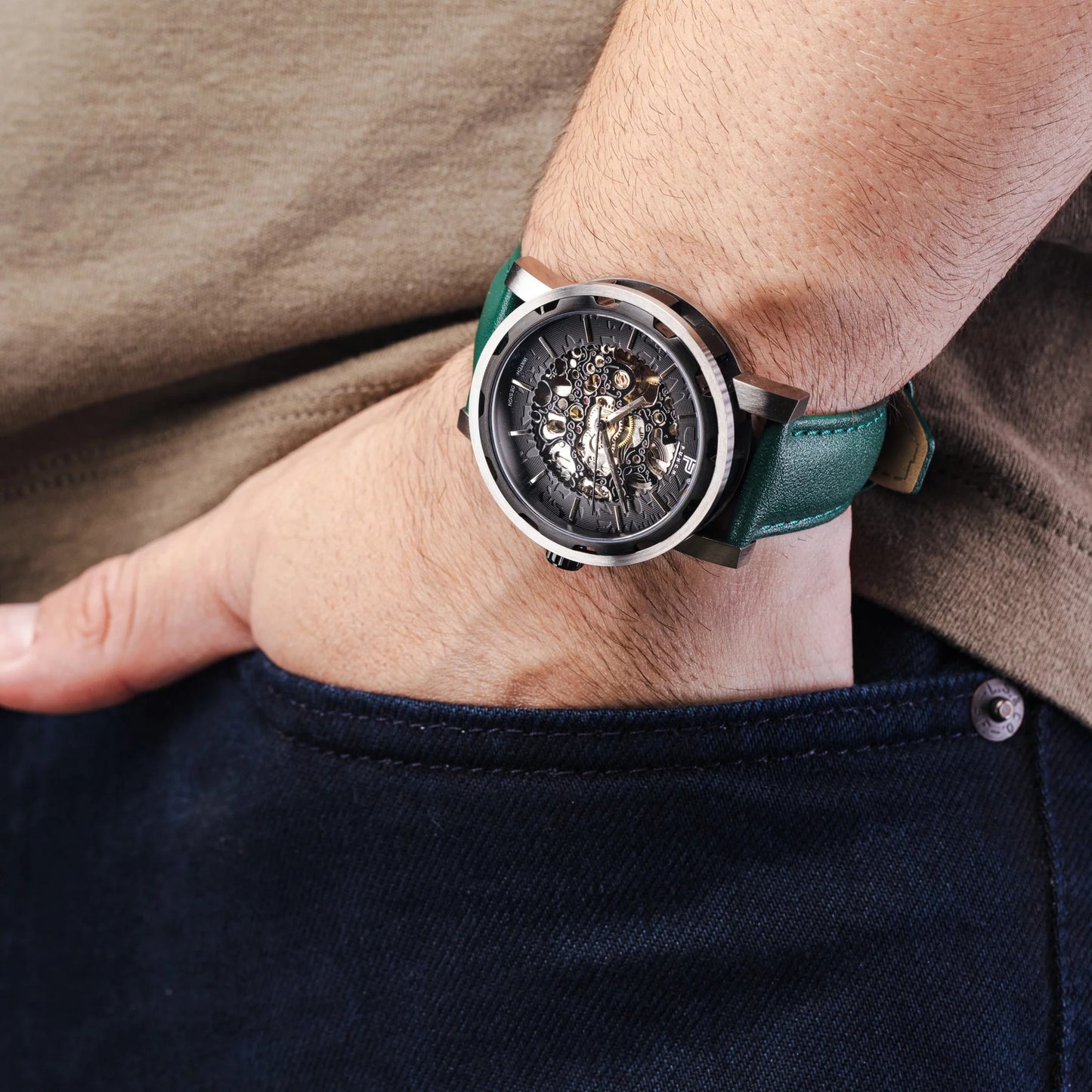 Mens Black Automatic Watch - Green Leather Strap l PUNCH