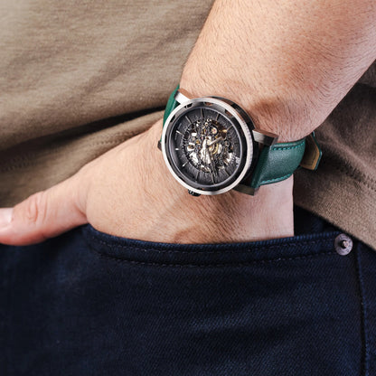 Mens Black Automatic Watch - Green Leather Strap l PUNCH