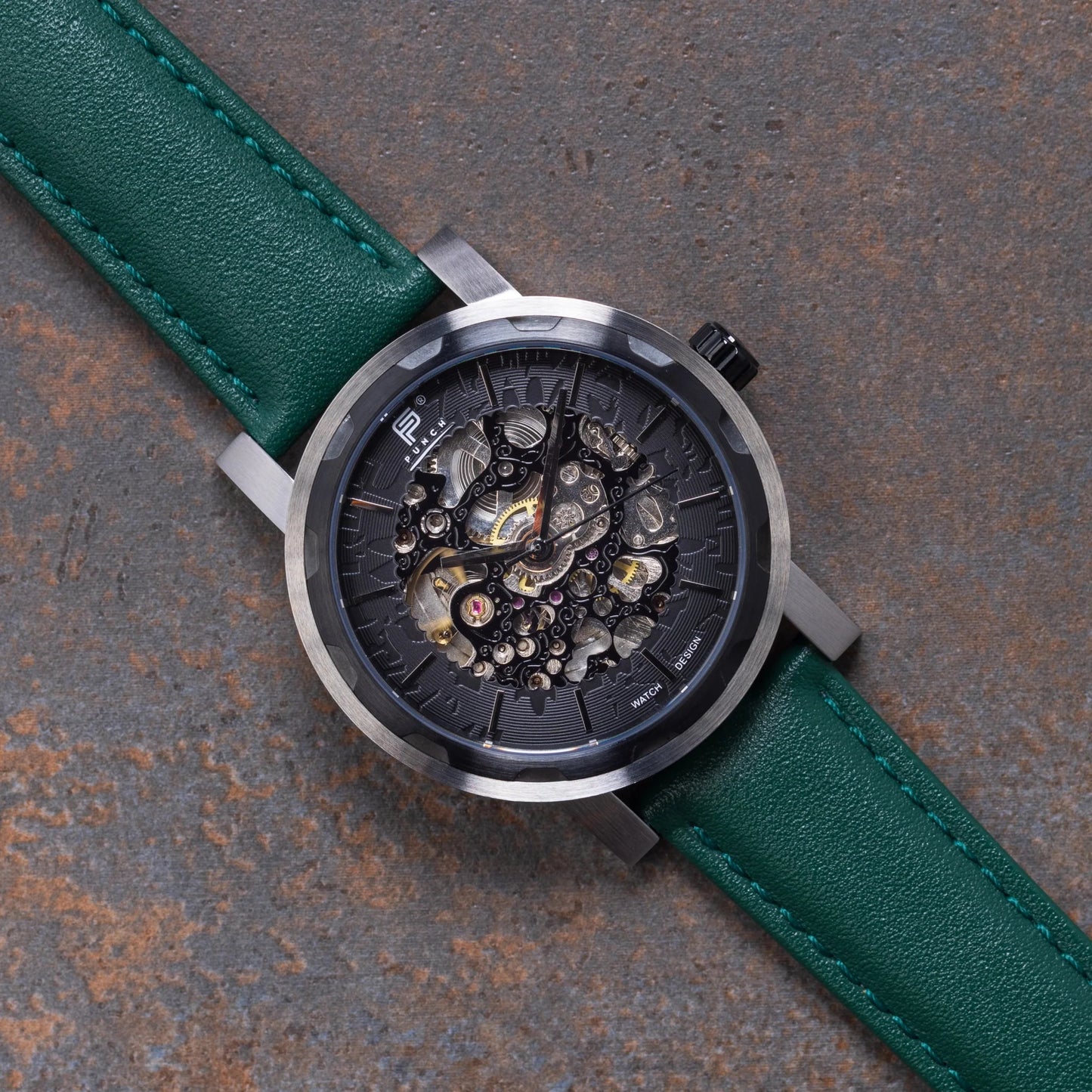 Mens Black Automatic Watch - Green Leather Strap l PUNCH