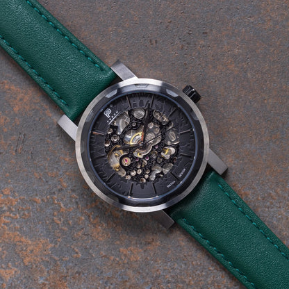 Mens Black Automatic Watch - Green Leather Strap l PUNCH
