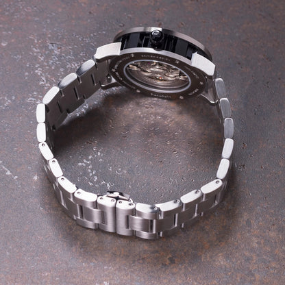 Mens Black Automatic Watch - Silver Stainless Steel Strap l PUNCH