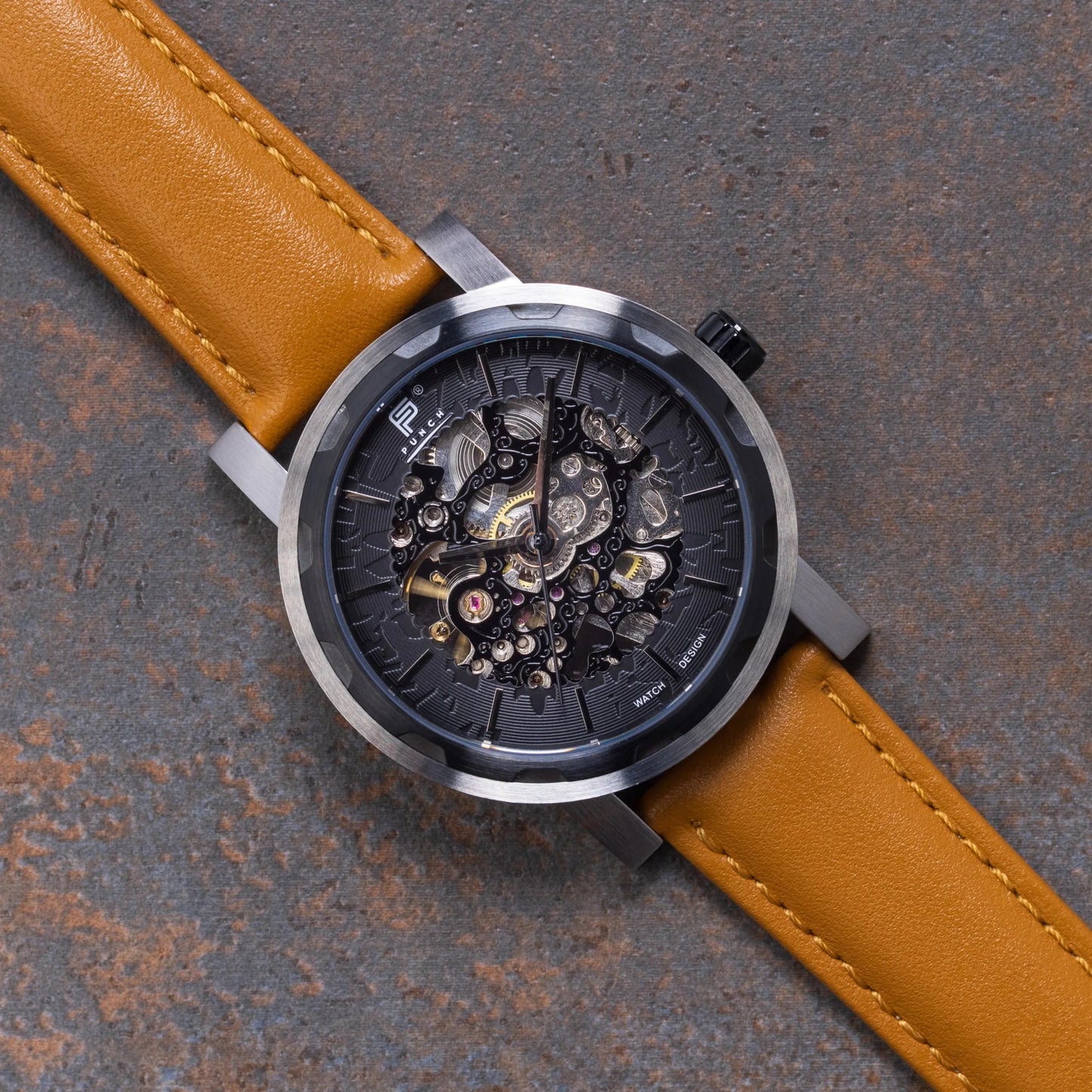 Mens Black Automatic Watch - Tan Leather Strap l PUNCH