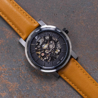 Mens Black Automatic Watch - Tan Leather Strap l PUNCH
