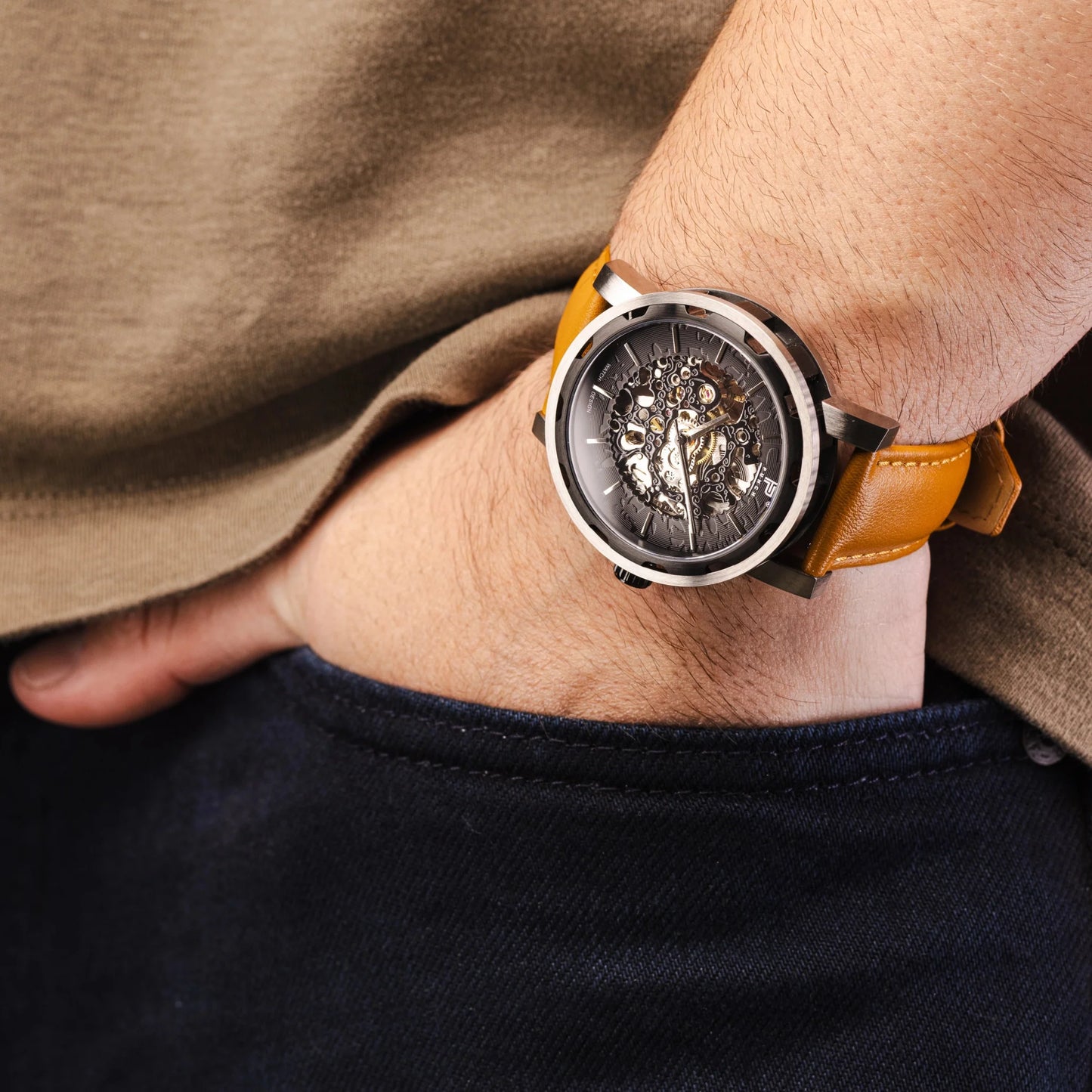 Mens Black Automatic Watch - Tan Leather Strap l PUNCH