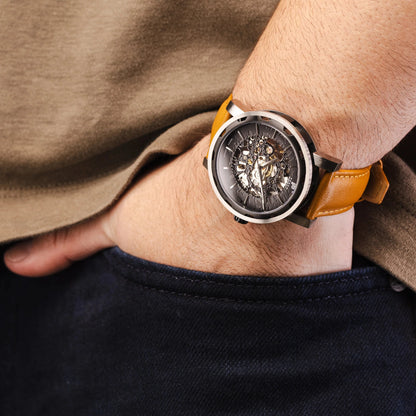 Mens Black Automatic Watch - Tan Leather Strap l PUNCH