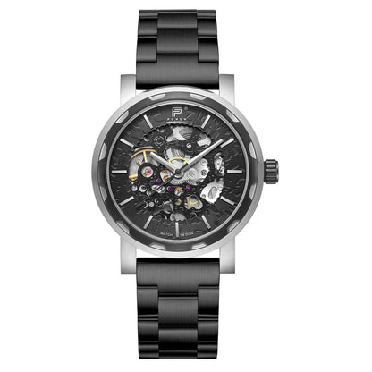 PUNCH Mens Watch, Black & Silver Skeleton Automatic Watch - Black Metal Strap