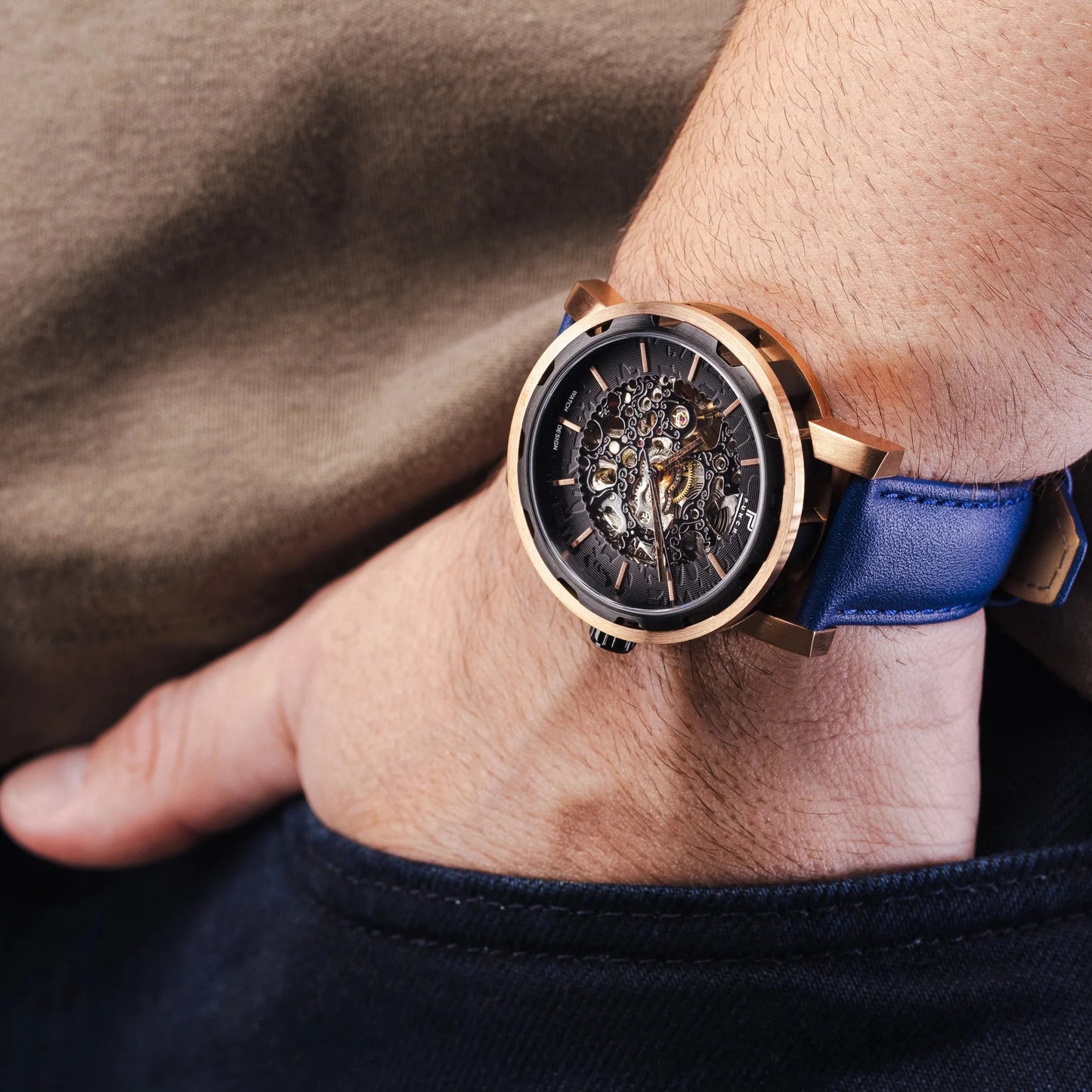 Mens Rose Gold Automatic Watch - Blue Leather Strap l PUNCH