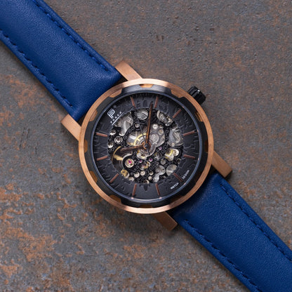 Mens Rose Gold Automatic Watch - Blue Leather Strap l PUNCH