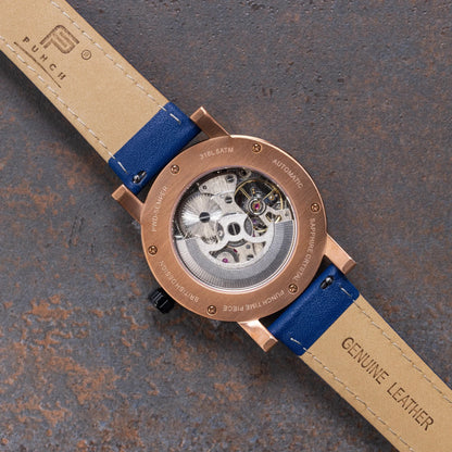 Mens Rose Gold Automatic Watch - Blue Leather Strap l PUNCH