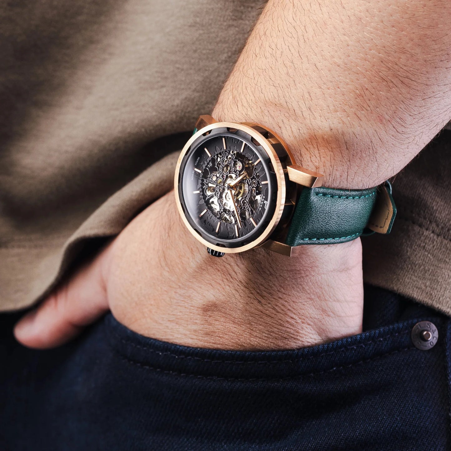 Mens Rose Gold Automatic Watch - Green Leather Strap l PUNCH