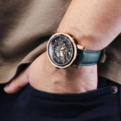 Mens Rose Gold Automatic Watch - Green Leather Strap l PUNCH