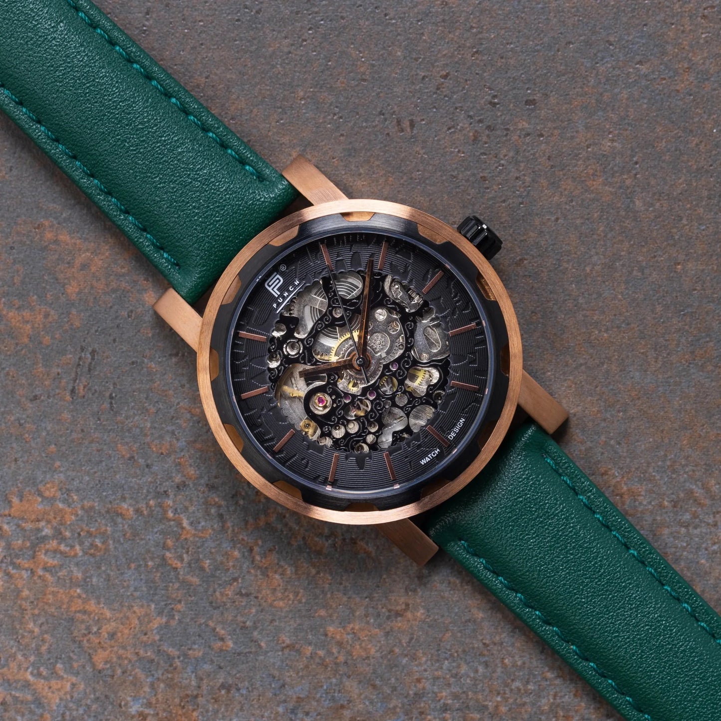 Mens Rose Gold Automatic Watch - Green Leather Strap l PUNCH