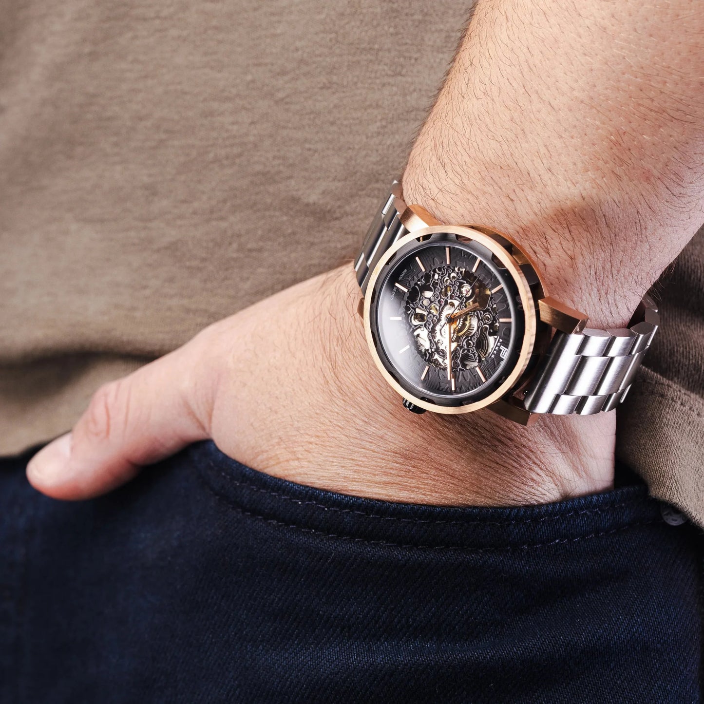 Mens Rose Gold Automatic Watch - Silver Stainless Steel Strap l PUNCH