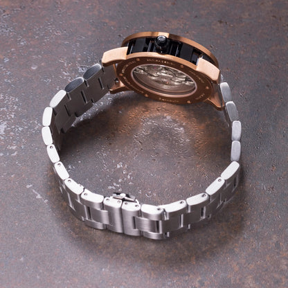 Mens Rose Gold Automatic Watch - Silver Stainless Steel Strap l PUNCH