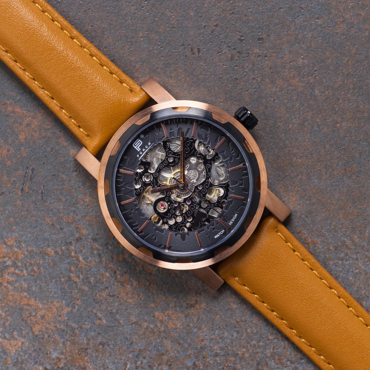Mens Rose Gold Automatic Watch - Tan Leather Strap l PUNCH