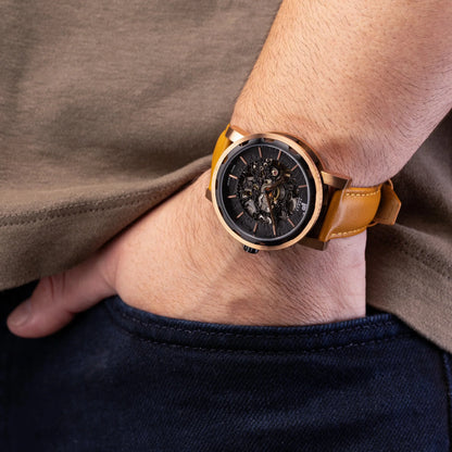 Mens Rose Gold Automatic Watch - Tan Leather Strap l PUNCH