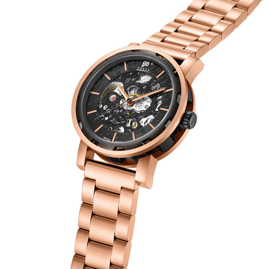 PUNCH Mens Watch, Rose Gold & Black Skeleton Automatic Watch - Rose Gold Metal Strap
