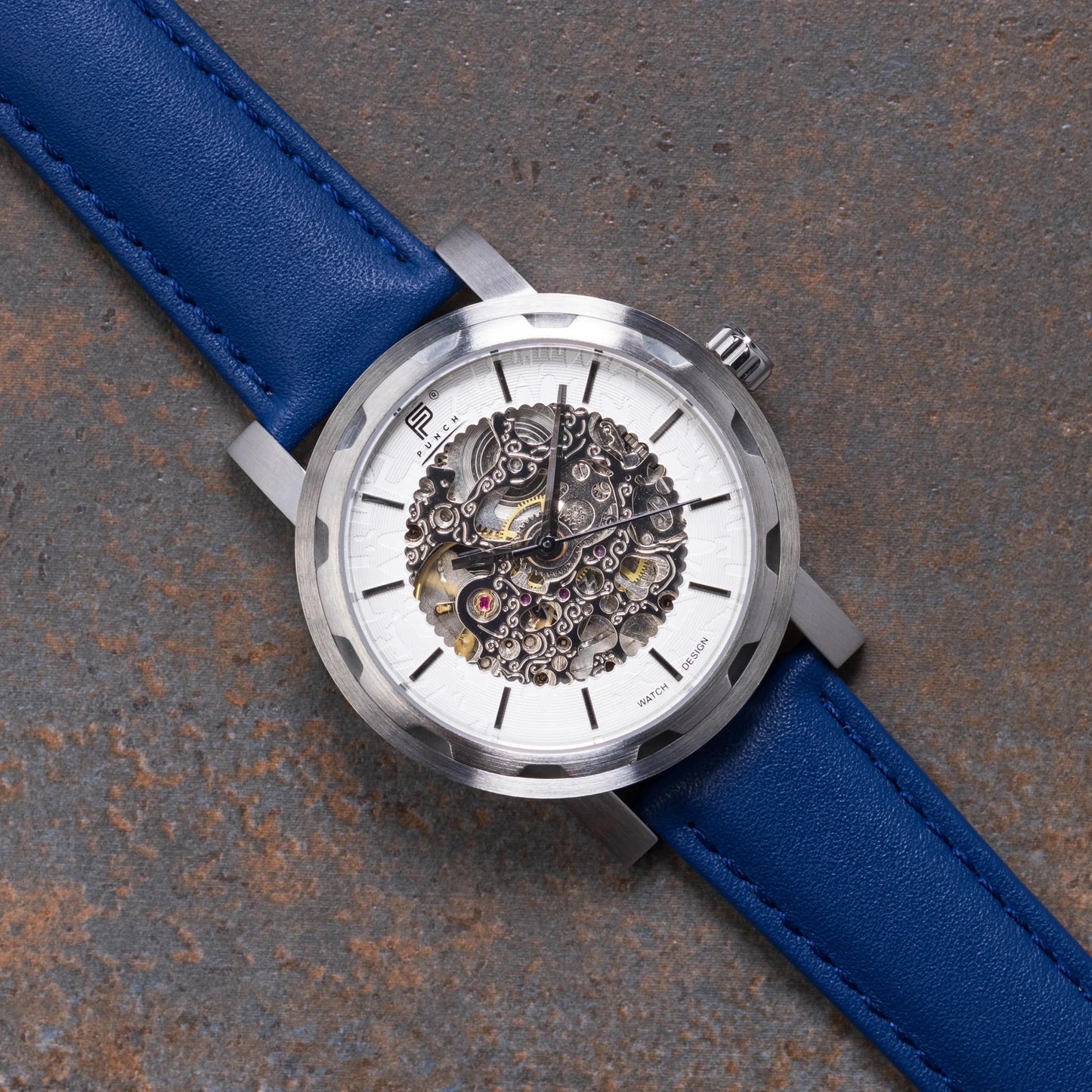 Mens Silver Automatic Watch - Blue Leather Strap l PUNCH