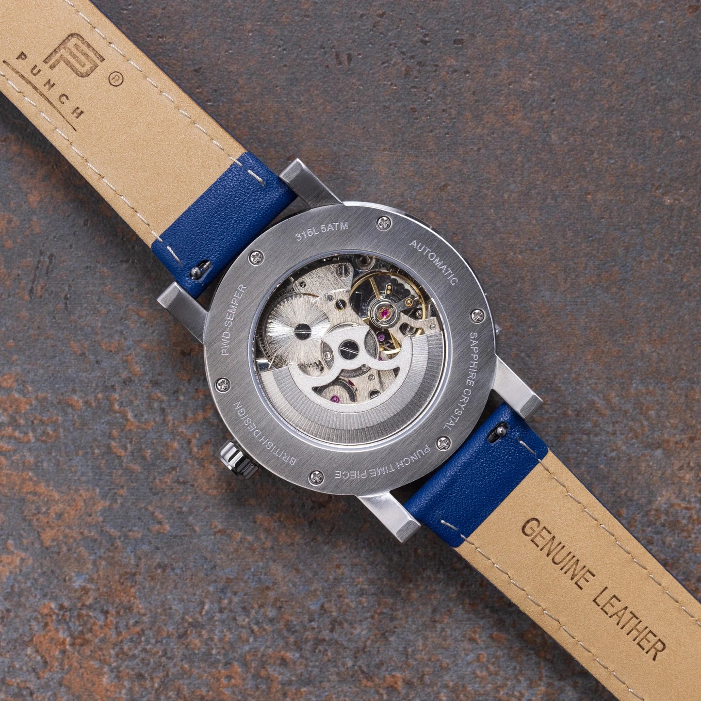 Mens Silver Automatic Watch - Blue Leather Strap l PUNCH