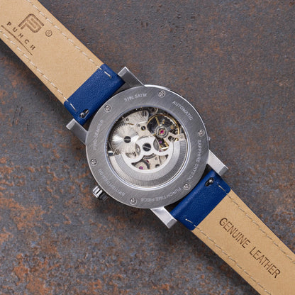 Mens Silver Automatic Watch - Blue Leather Strap l PUNCH