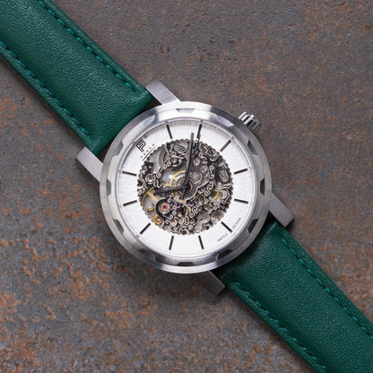 Mens Silver Automatic Watch - Green Leather Strap l PUNCH