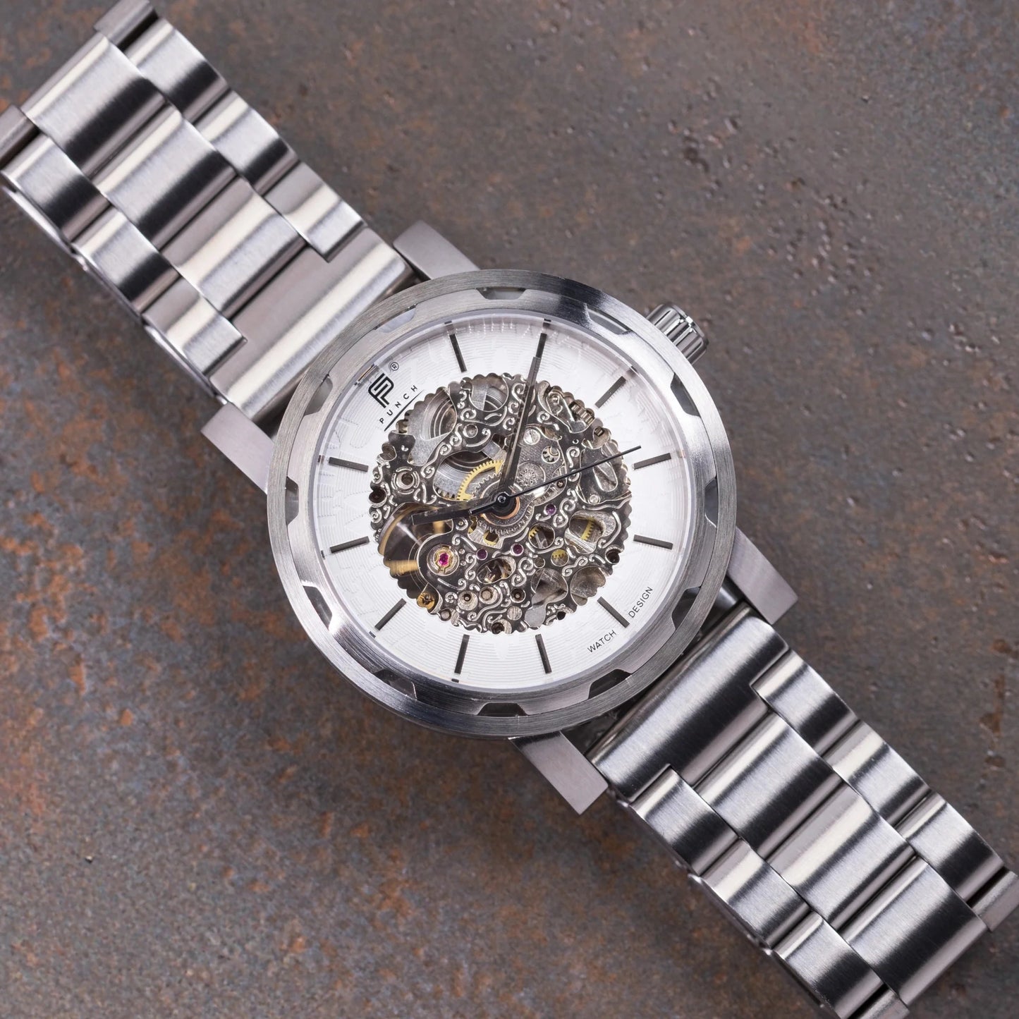 Mens Silver Automatic Watch - Silver Stainless Steel Strap l PUNCH
