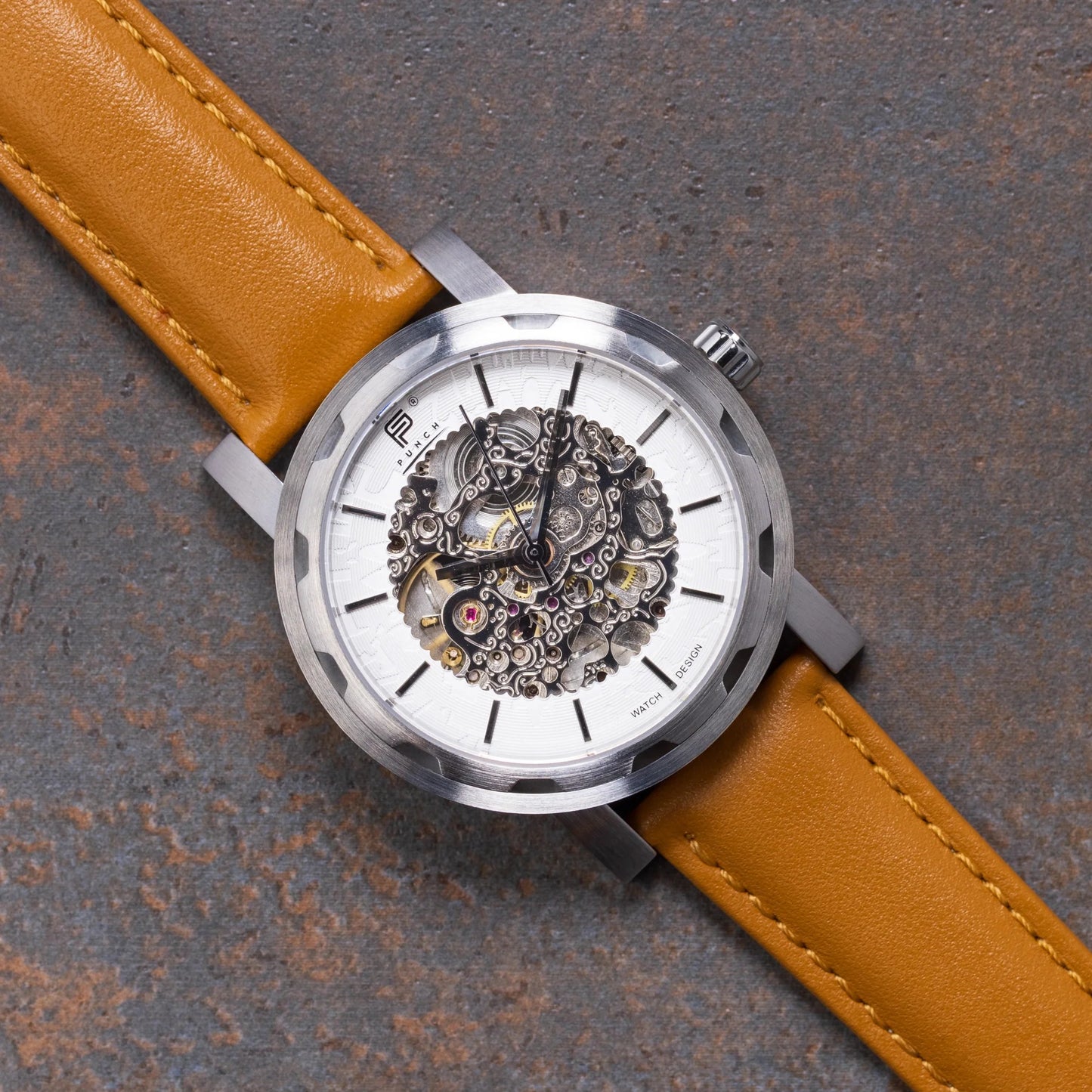 Mens Silver Automatic Watch - Tan Leather Strap l PUNCH