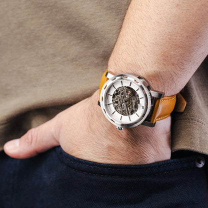 Mens Silver Automatic Watch - Tan Leather Strap l PUNCH
