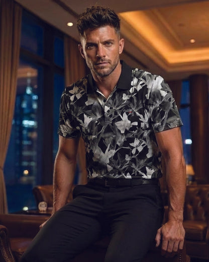 Men’s Black & White Floral 4-Way Stretch Golf Polo