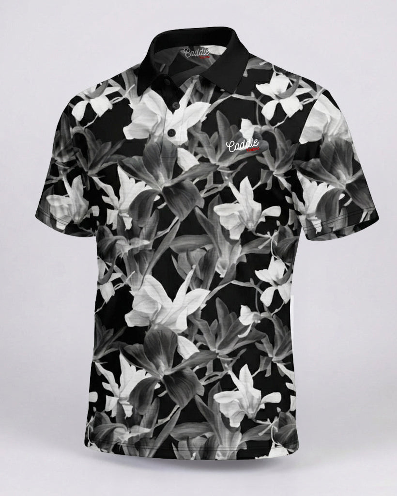 Men’s Black & White Floral 4-Way Stretch Golf Polo