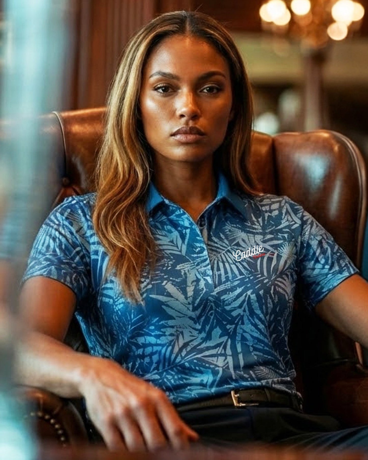 Women’s Light Blue Palm Print Performance Golf Polo