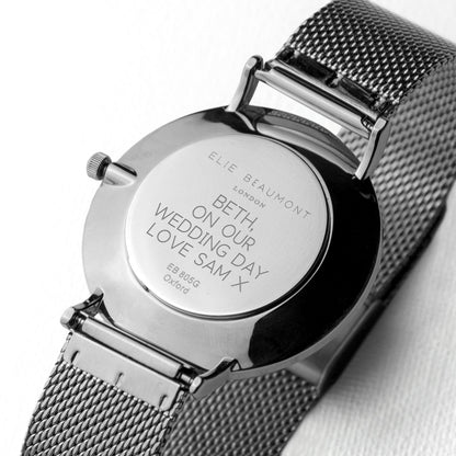 Personalised Metallic Mesh Strapped Watch With White Dial