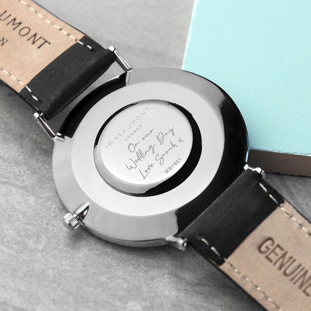 Personalised Handwriting Mens Black Leather Watch