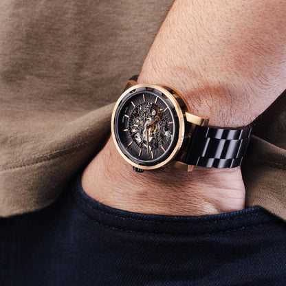 Mens Rose Gold Automatic Watch - Black Stainless Steel Strap l PUNCH