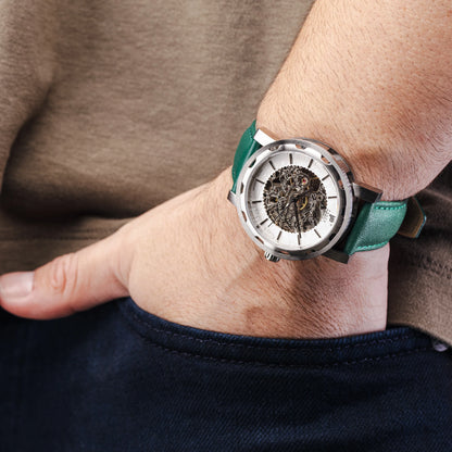 Mens Silver Automatic Watch - Green Leather Strap l PUNCH