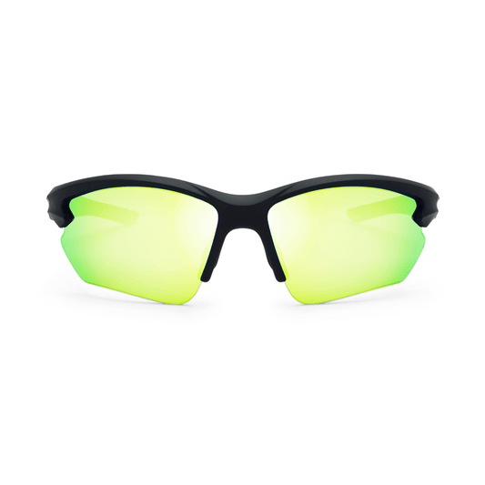 RATE Black Sports Sunglasses, Green Mirrored Lens by Messy Weekend