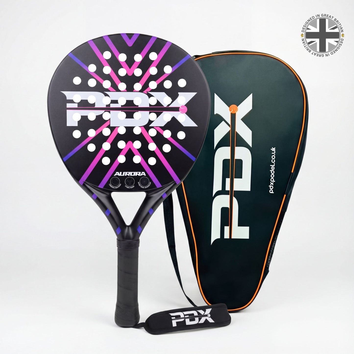 PDX Aurora Beginner Padel Racket Complimentary Racket Carrier Bag 30% Carbon 70% Fibreglass 355g Round | Control