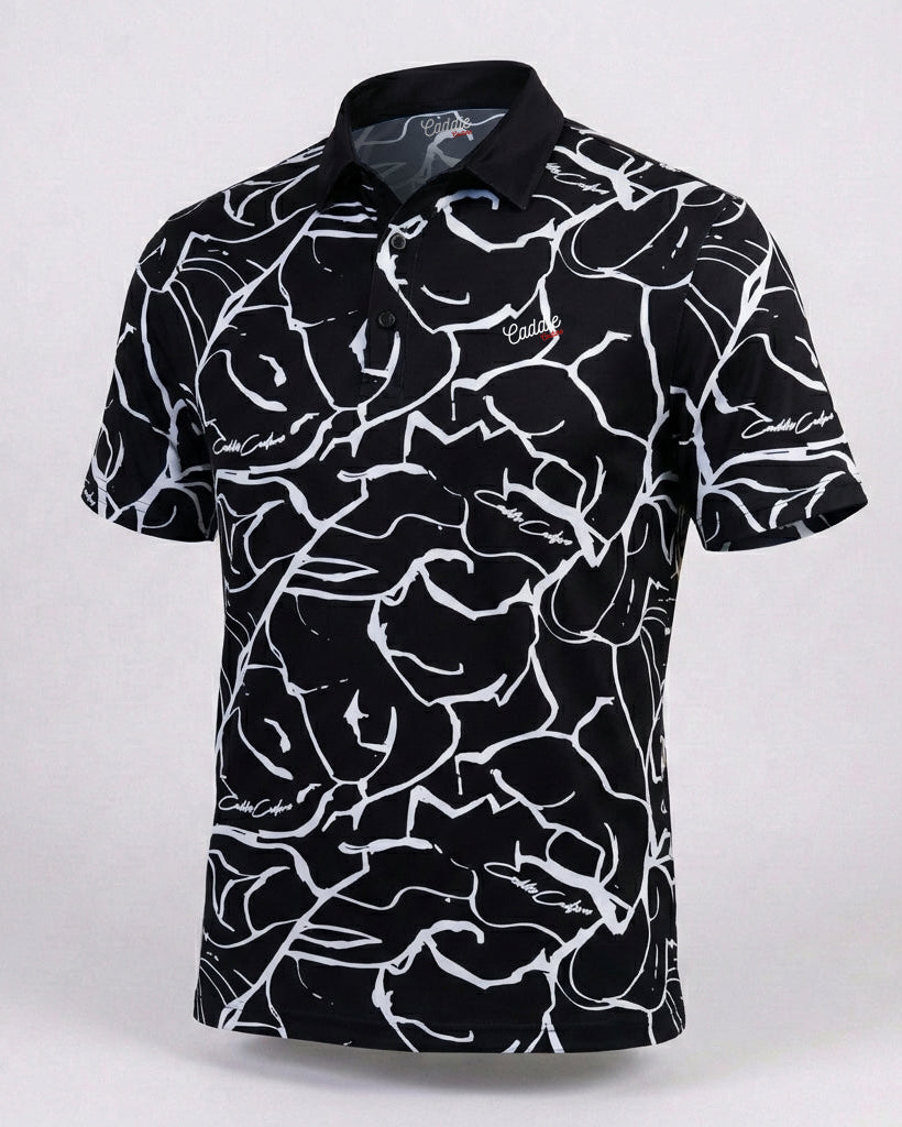Black Men’s 4-Way Stretch Golf Polo – Moisture-Wicking, Abstract Design