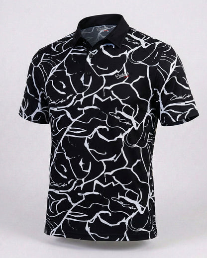 Black Men’s 4-Way Stretch Golf Polo – Moisture-Wicking, Abstract Design
