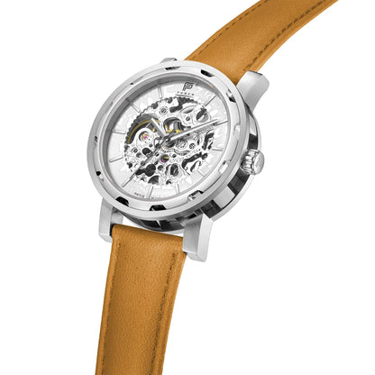 PUNCH Mens Watch Silver White Skeleton Automatic Watch Tan Leather Strap